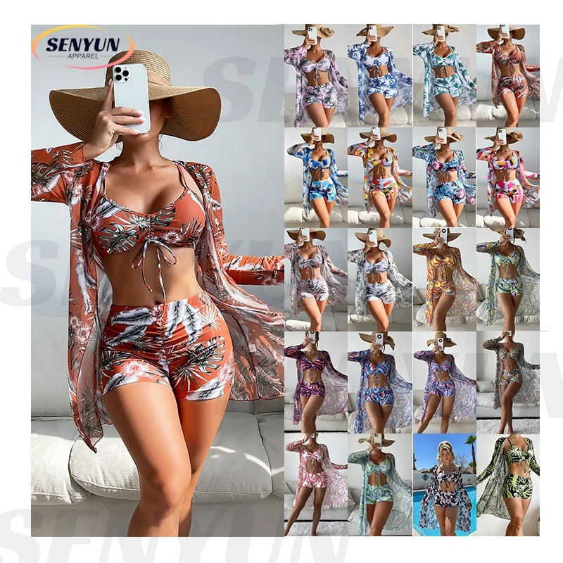 Summer 2024 Beach Swimwear Drawstring Women High Waist Sexy Plus Size Cover Up 3 Piece Set Beach Cover Up
