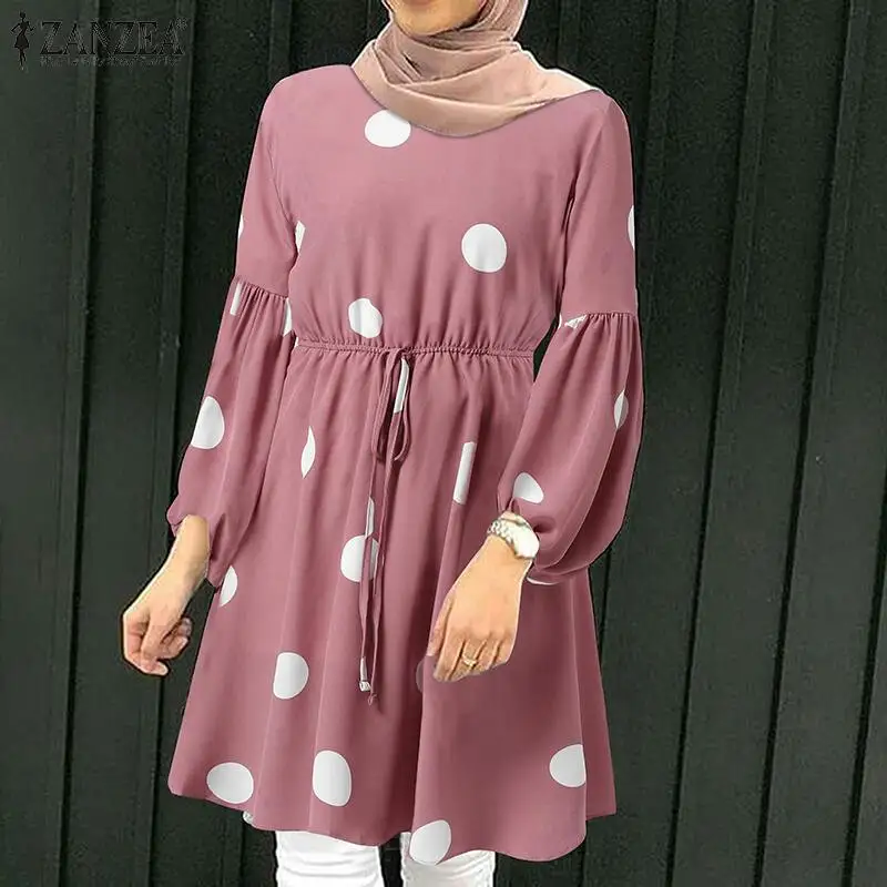 Top Crew Neck Shirt Loose Elastic Waistband Clothes Women Modest Blouses & Shirts Print Full Women Dress Casual Polyester DOT