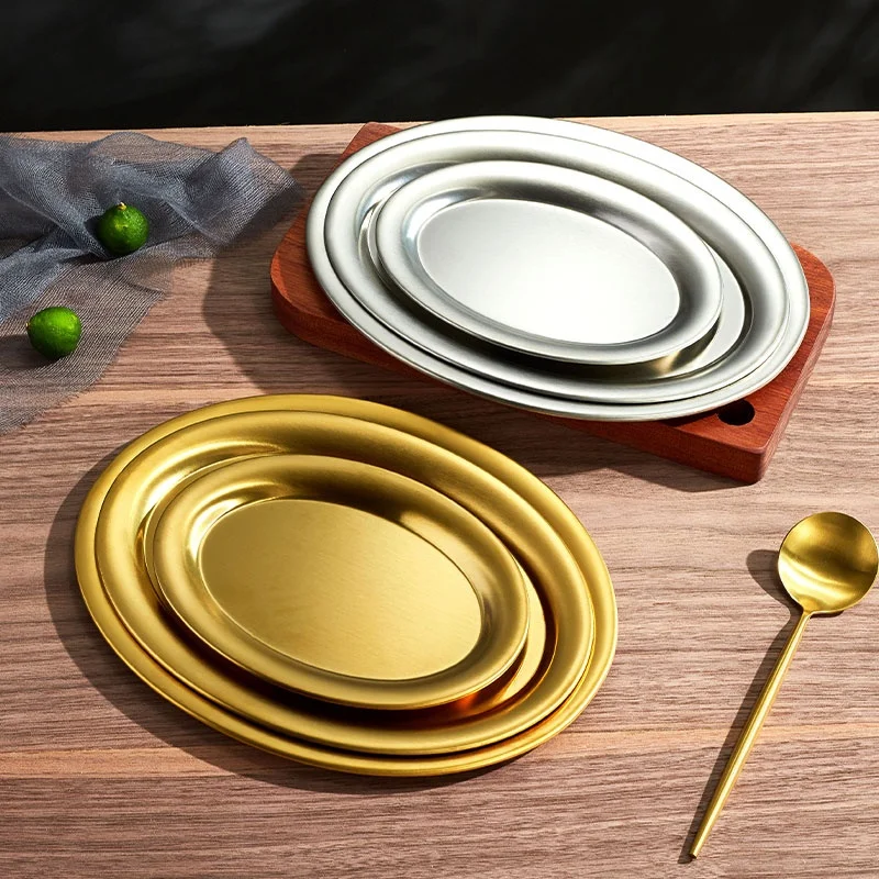 Stainless Steel 304 Oval Plate Golden Flat Bottom Thickened Shallow Barbecue Egg-shaped Dessert Tray Elegant Classic polish Dish
