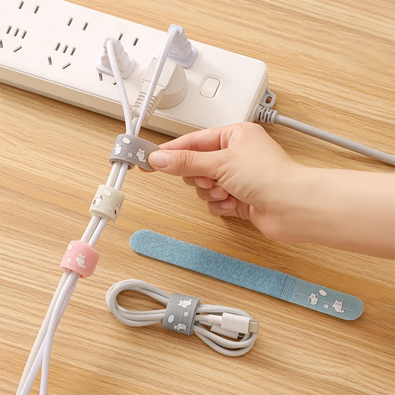 Custom Nylon Webbing Fabric Strap Adhesive Stretch Cartoon Cable Management Hook Loop Straps For Usb Data Lines