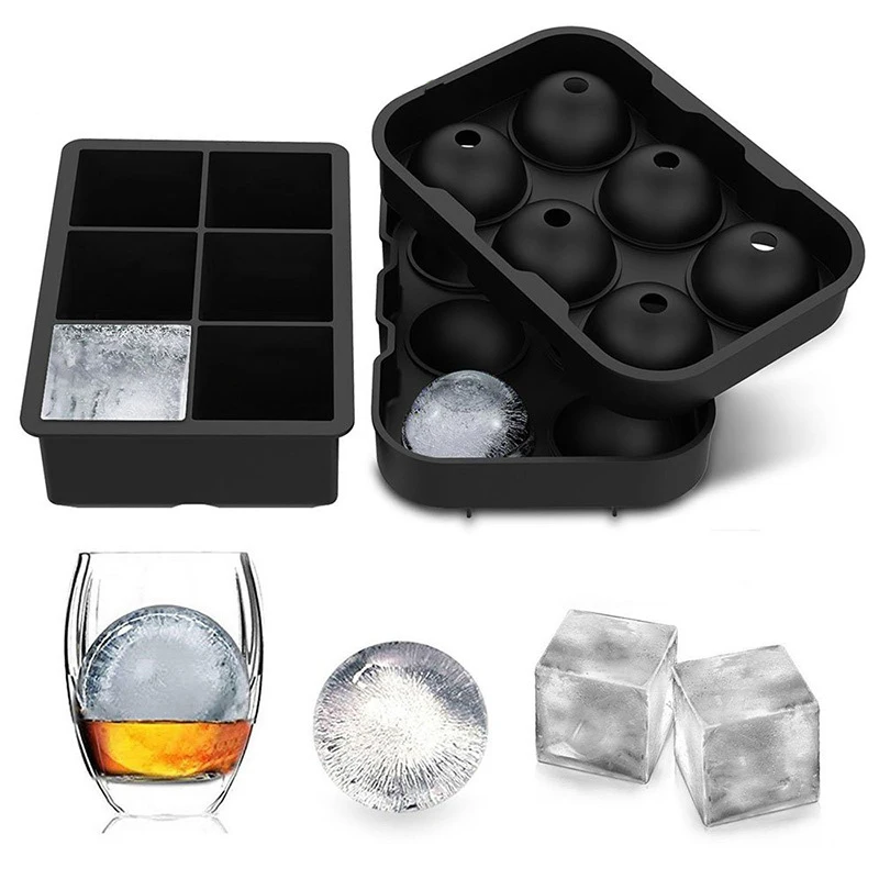 BPA free Silicone Ice Cube Tray Set of 2 Black Silicone 6 Giant Ball Maker Mould Use for Whisky