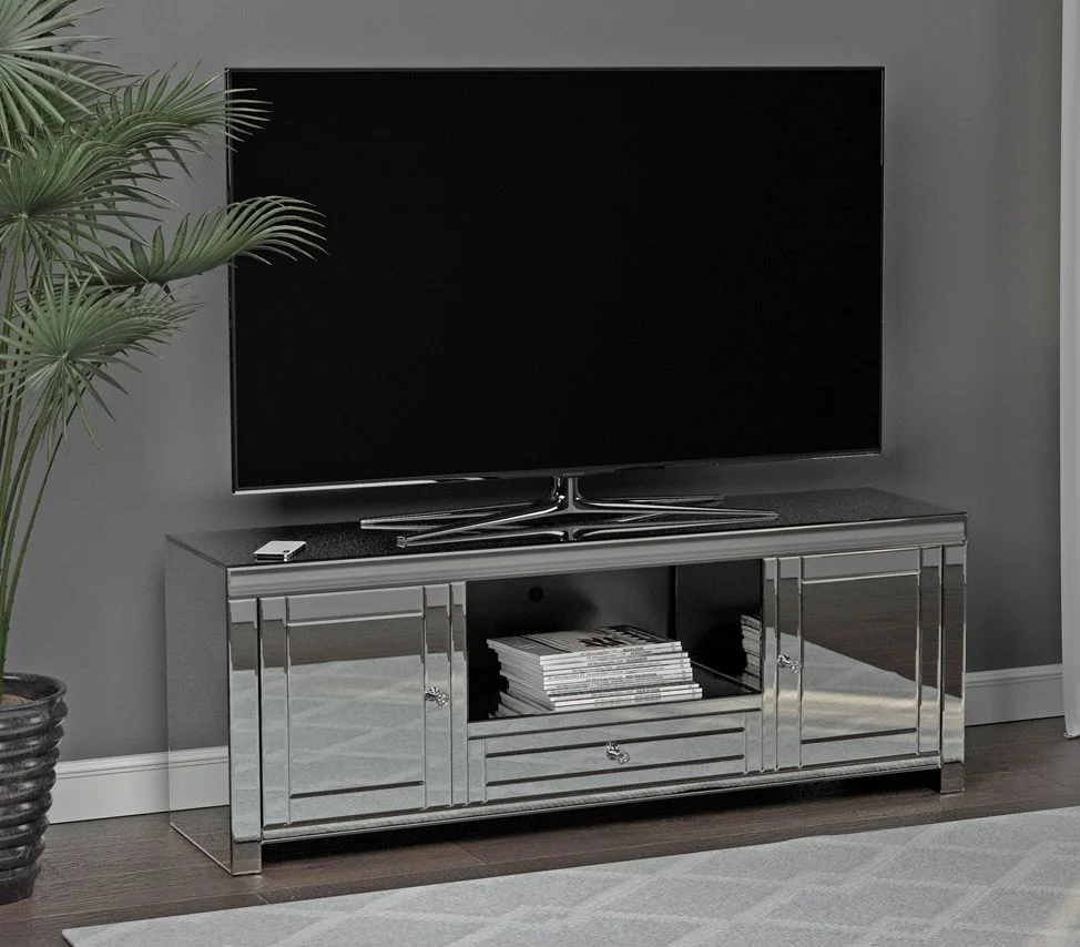 Новейшая Серебристая блестящая телевизионная стойка с 1 выдвижным ящиком и 2 дверями, полностью зеркальная телевизионная скамейка для дома, отеля