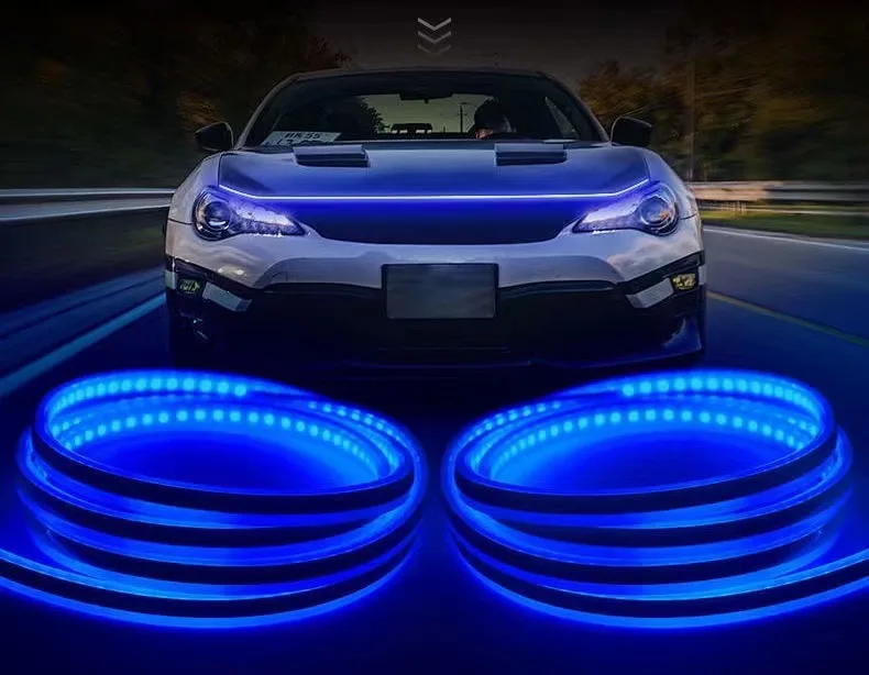 Remote Control Multifunction RGB Car Hood Light Start-scan Flexible DRL Strip with Flow Turning Double Flash Headlamp Bar