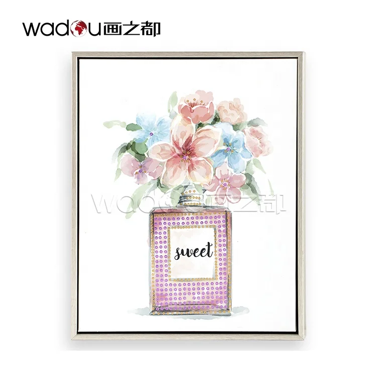 Interior Decor Home Sequin Framed Modern Flowers Perfume Bottles Canvas Print Stretched Custom Art Prints Canvas