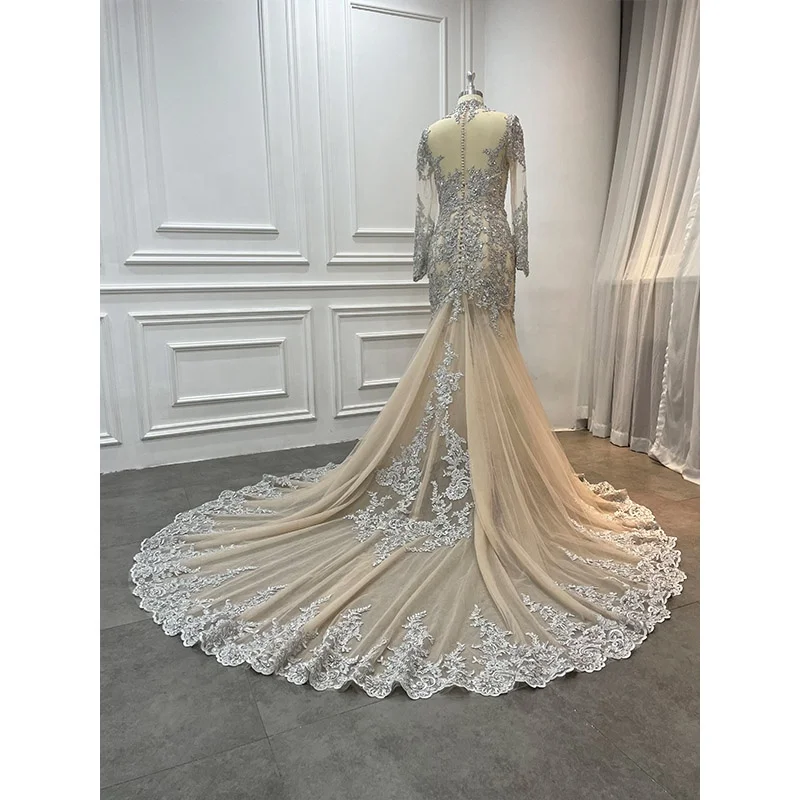 Noblebride Modest Heavily Beaded Wedding Dresses Custom White Sparkly Beaded Luxury Mermaid Long Sleeve Wedding Dress