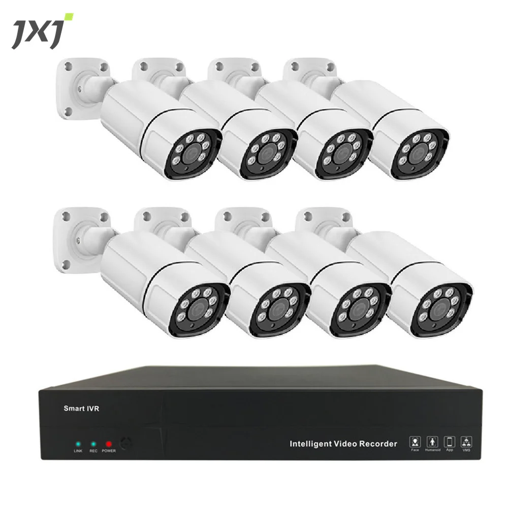 JXJ Alarm Push Message Handle Rain And Snow IP 8 Channel NVR Kits Video Playback Cctv 5mp Ultra HD Experience Camera