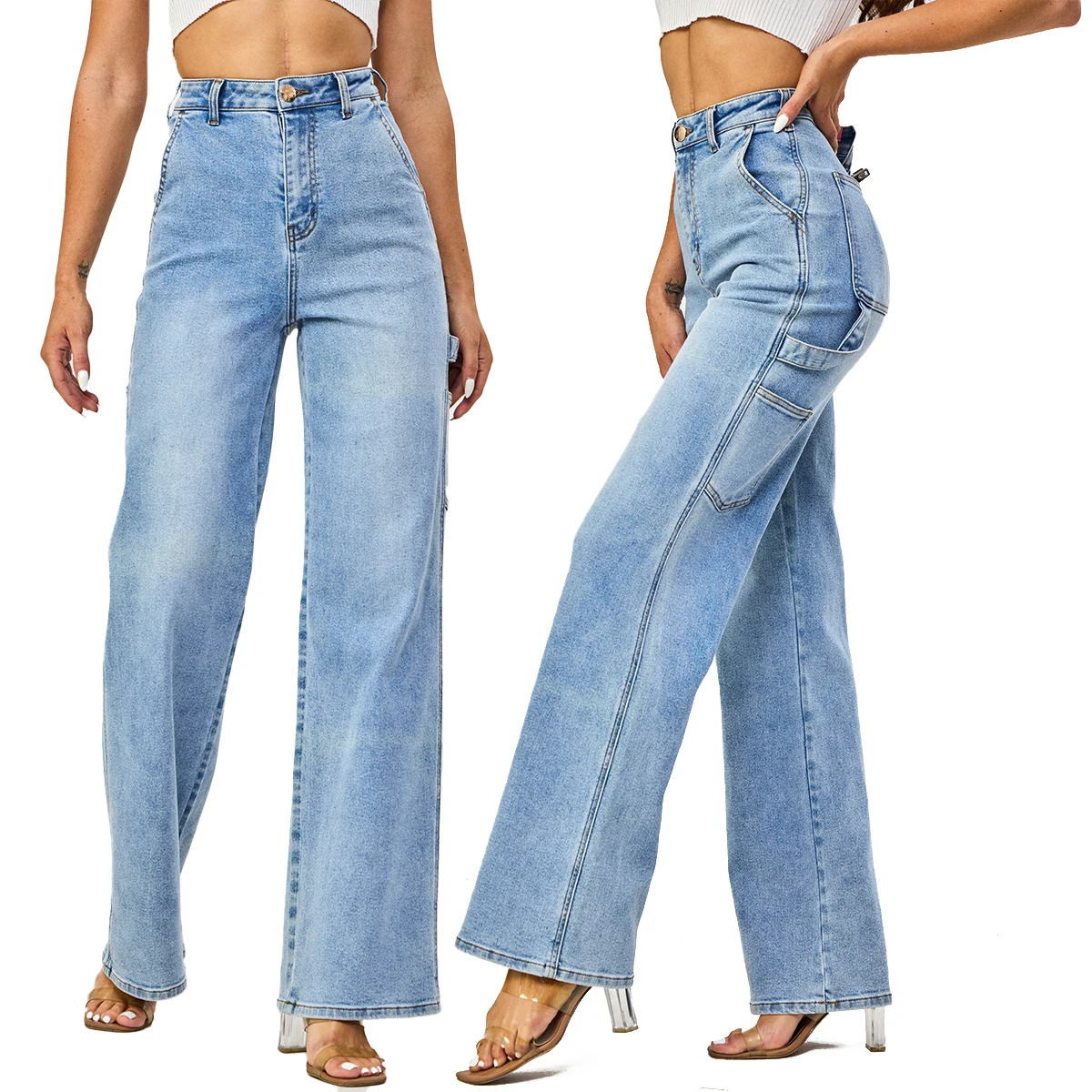 Americas Fashion Monkey Washed Soft Denim Fabric Wide Leg Jeans for Women Trendy Cargo Pants