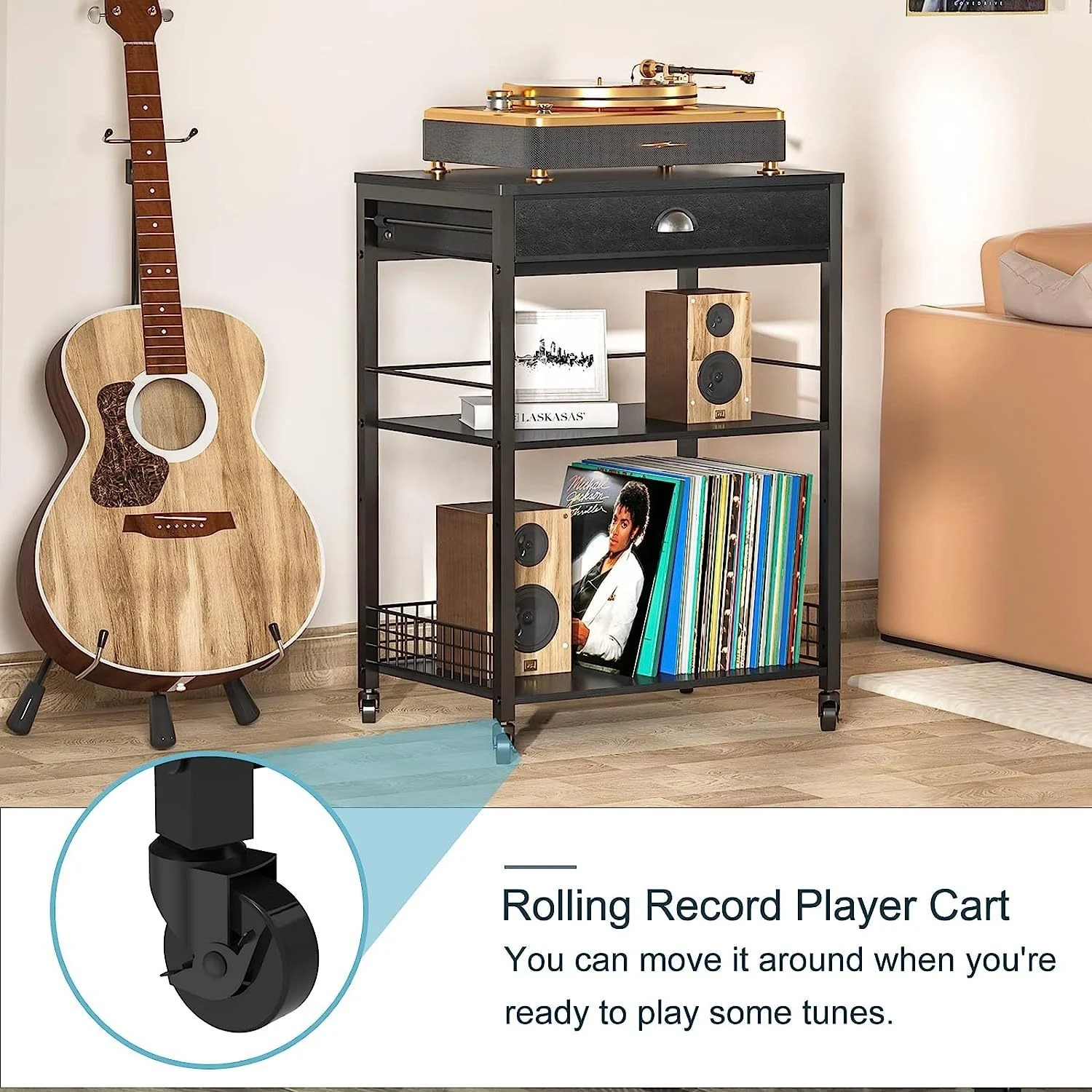 OEM Vinyl Record Storage 3 Tier Retro Furniture Powder-Coated Carbon Steel Record Player Stand
