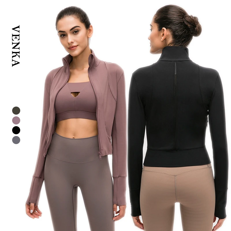 Latest Design Slim Sports Jacket Women High Collar Coat Thumb Holes 2 Pocket Design Women Sports Wear