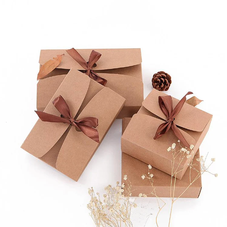 Fancy Paper Chocolate Gift Kraft Paper Brownie Packaging Box With Ribbon Tie