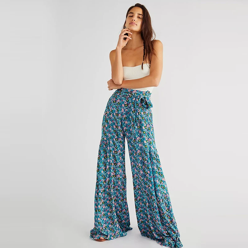 Europe and the United States new printed retro all-match loose temperament high-waist flared wide leg pant woman