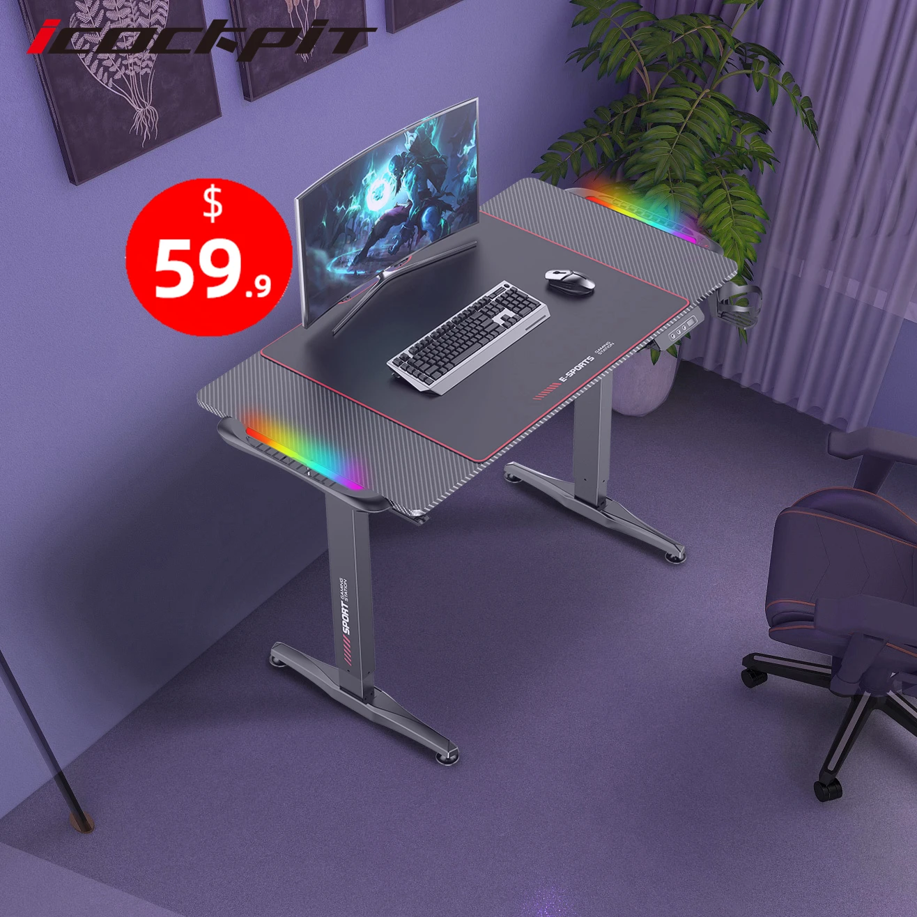 icockpit Modern Home Office Desk Furniture Office Working Standing Table PC Computer Gaming Table Height Adjustable Desk