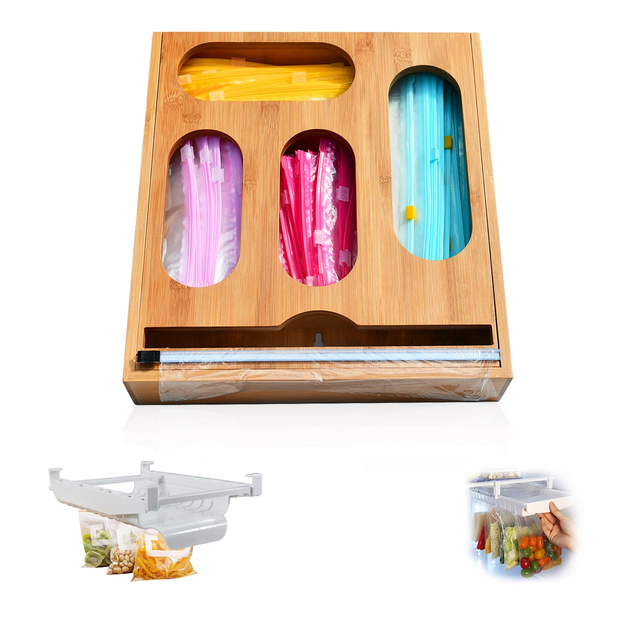 Eco-Friendly Quality Five Pieces Bamboo Drawer 5 In 1 Ziplock Bag Storage Organizer Plastic Wrap Foil Zip Lock Bag