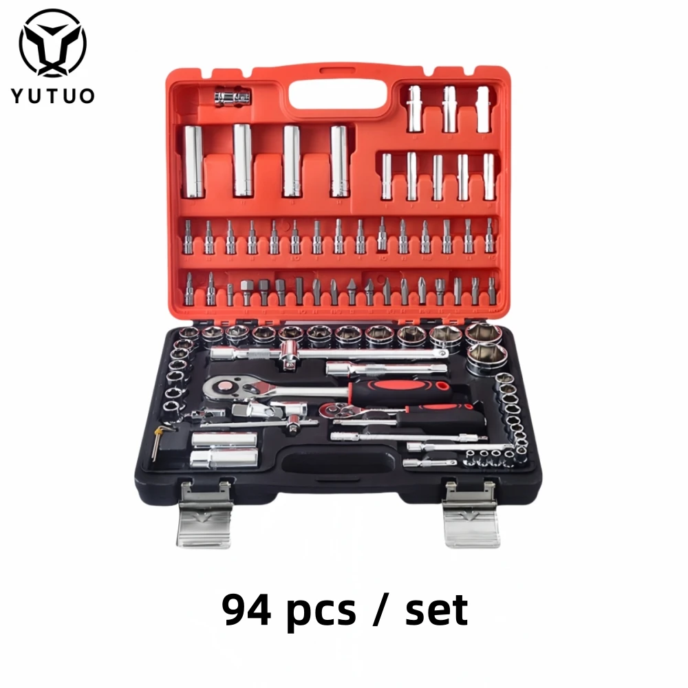 YUTUO 94 pcs 1/2' 3/8' 1/4' Car Repair Sockets Hand Tool Sets Combination Socket Wrench Set with Plastic Toolbox