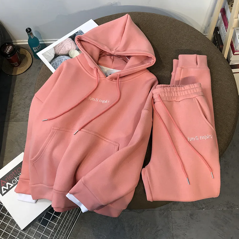 Thicken plus velvet loose hooded sweater leggings pants suit sports leisure suit women