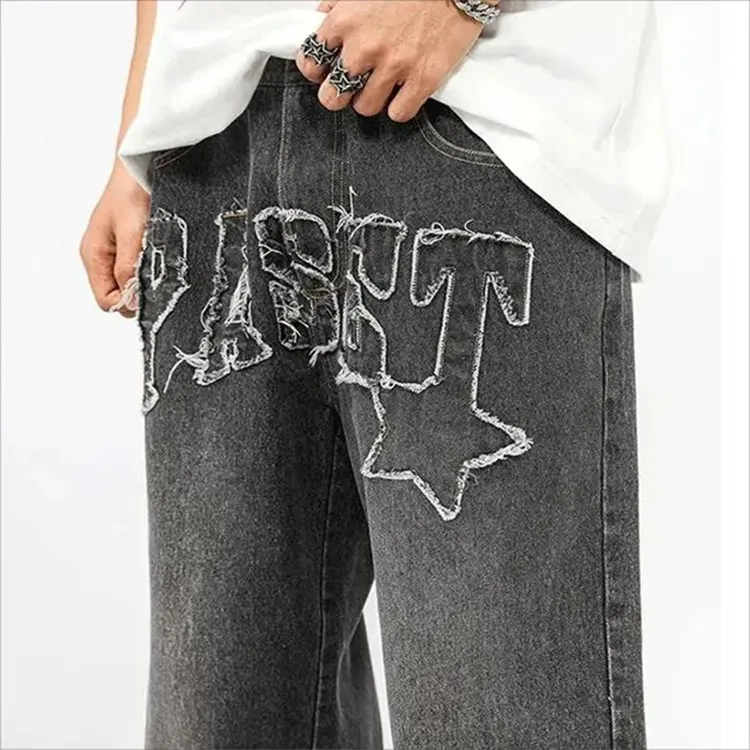 ZY Custom Logo Acid Wash Men Jeans Wide Leg Baggy Jeans Embroidery Patch Denim Pants Trousers for Men