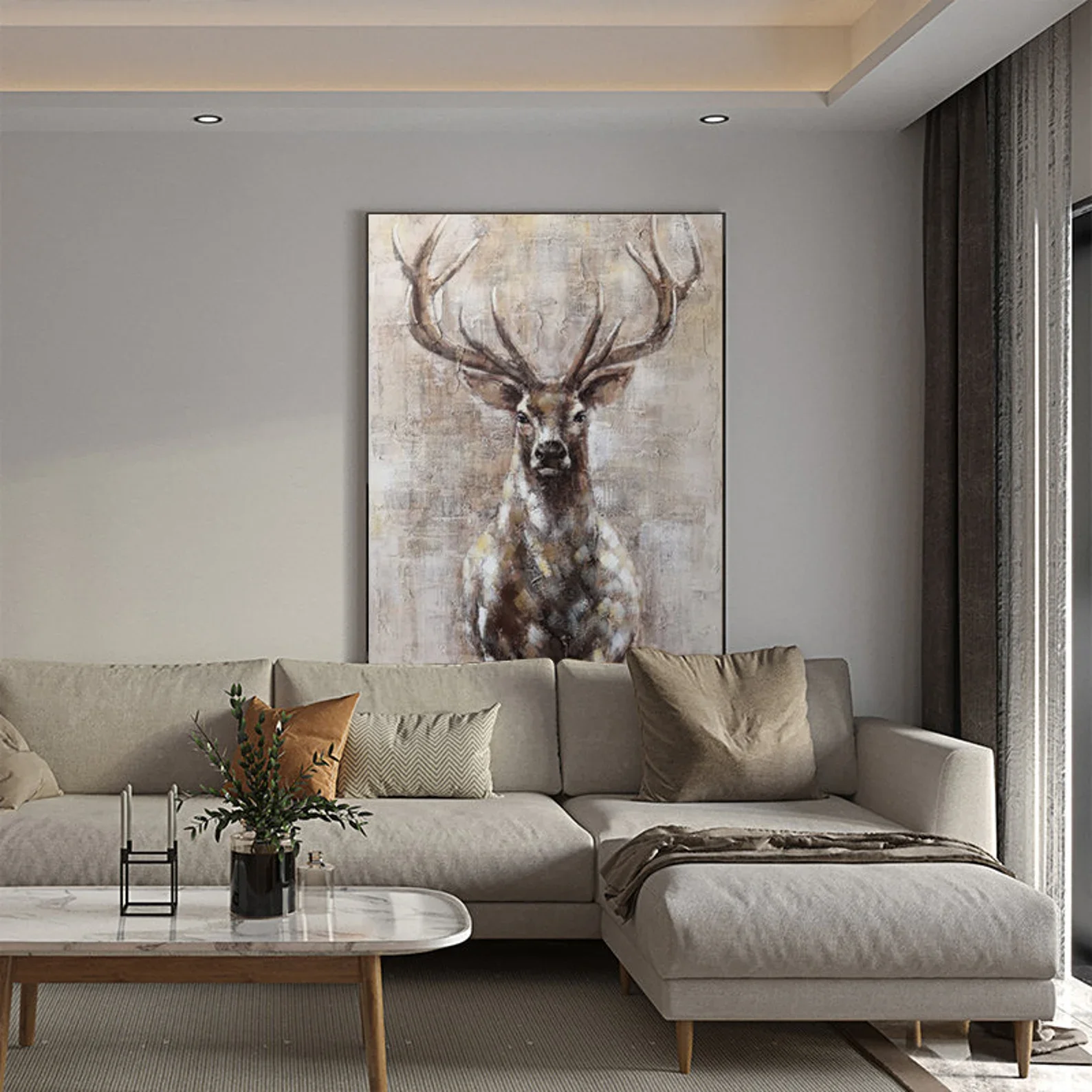 Hand-painted Stag Canvas Wall Art, Large Abstract Deer Oil Painting on Canvas,Modern Animal Painting for Living Room, Home Décor