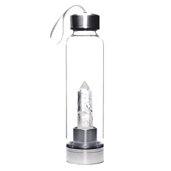Custom Logo 550ml Stainless Steel Lid Novelty Gift Glass Healing Stone Crystal Water Bottle