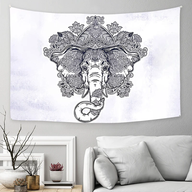 Серебристый гобелен с изображением слона, настенный гобелен с цифровым принтом, живописный подвесной гобелен