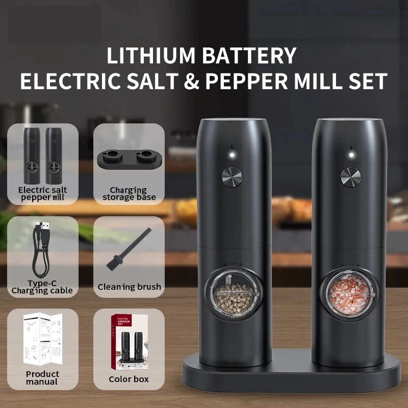 BST Type-C Electric automatic USB rechargeable salt and pepper grinder mill set with charging base LED light