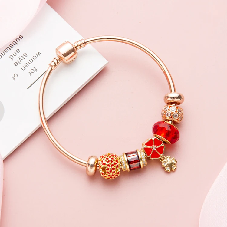 New design Custom High Quality 24k gold plated charm Beaded Bracelet beaded bangle for girl Gift