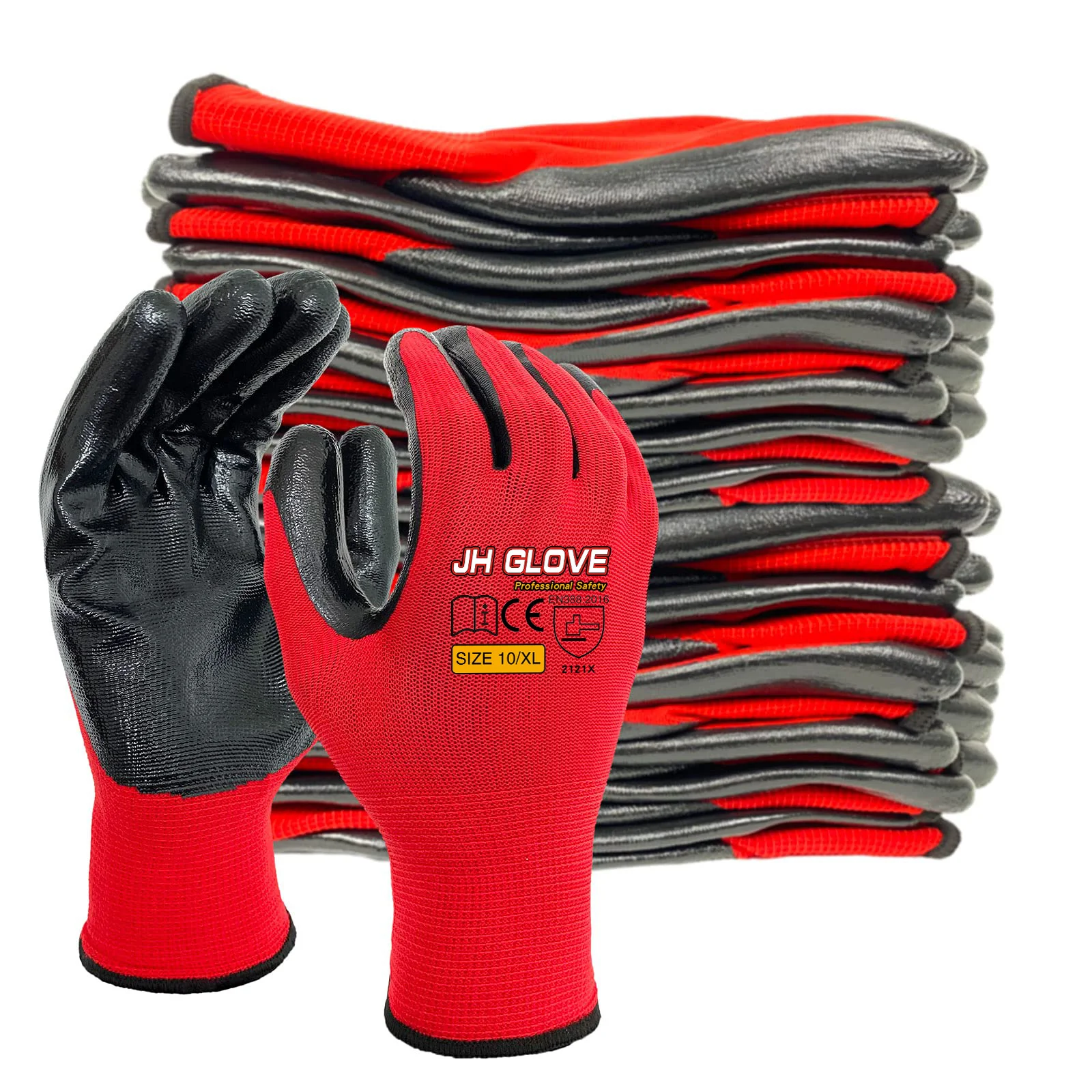 China Construction  factory wholesale red polyester nylon gloves with black Nitrile coated safety gloves en388 work gloves
