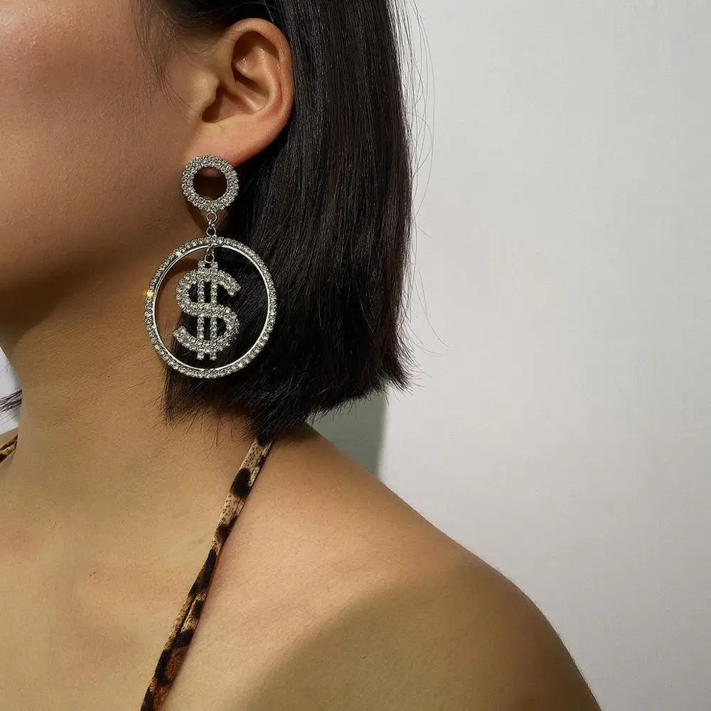 Punk Exaggerated Full Rhinestone Dollar Sign Hanging Dangle Earrings Long Shiny Crystal Dollar Earrings