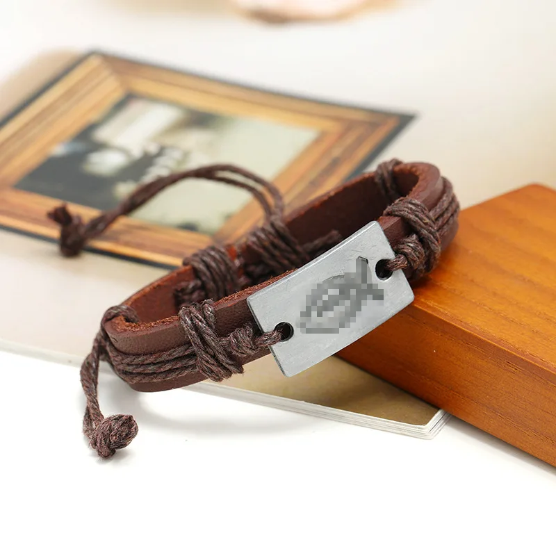 wholesale factory cheap braided PU leather button simple blue yellow bracelet