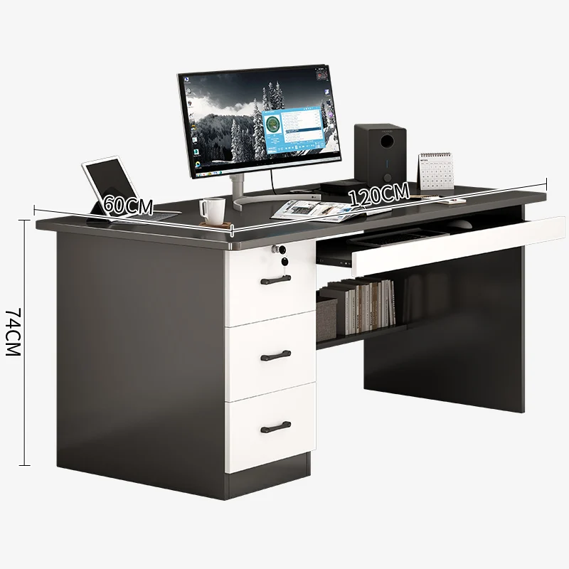 Unique Modern Home Office Grey Computer Desk with 3 Drawers and Cable Hole for Bedroom