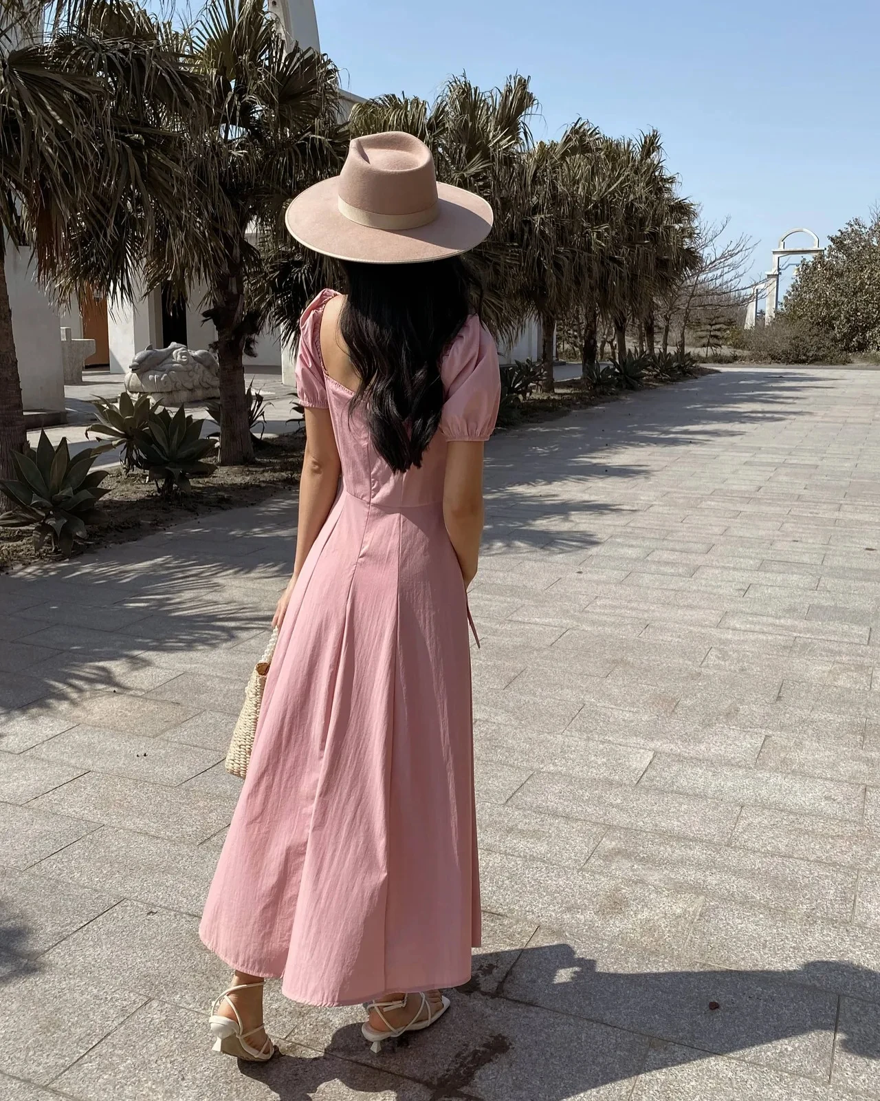 Ladies Formal Elegant Maxi Dress Square Collar Short Sleeves Pink Cotton Printed Casual Party Style Sexy Midi Summer Day Outfits