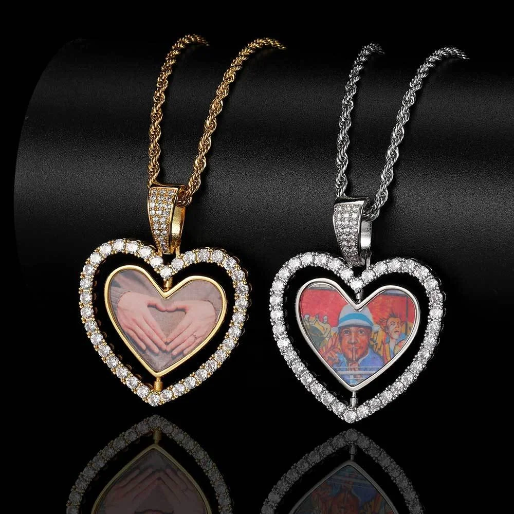High Quality Hip hop Custom Full CZ 18k Gold plated Iced Out Magnet broken heart photo couple pendant necklace