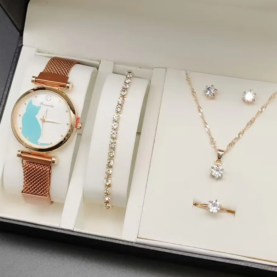 5pcs/set Women Watches Rose Gold Jewelry Set Cute Cat Black Magnet Watch Ladies Bracelet Wrist Watches Luxury Quartz Clock CD049