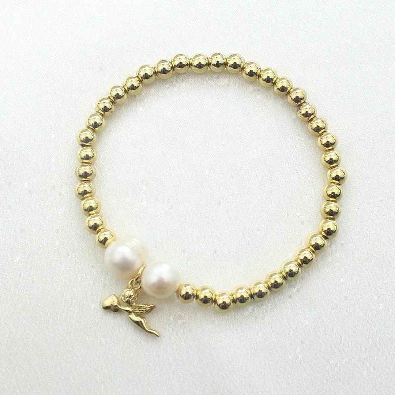 CH-JDT0282 Beautiful Freshwater Pearl Beads Elastic Bracelet Fashion Micro Pave CZ Shell/Angel/Dolphins Charm Bracelet Wholesale