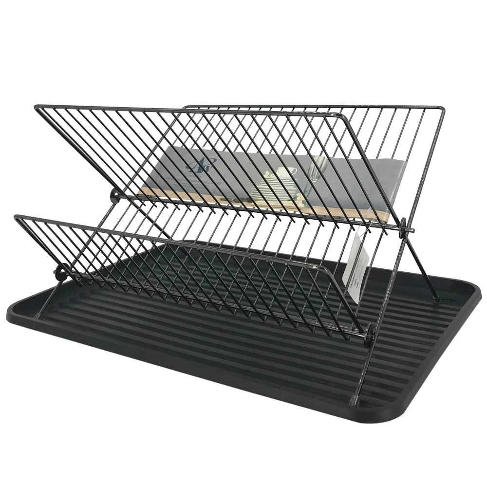 Black powder spraying wire 2 layer bamboo dish drainer storage holder rack