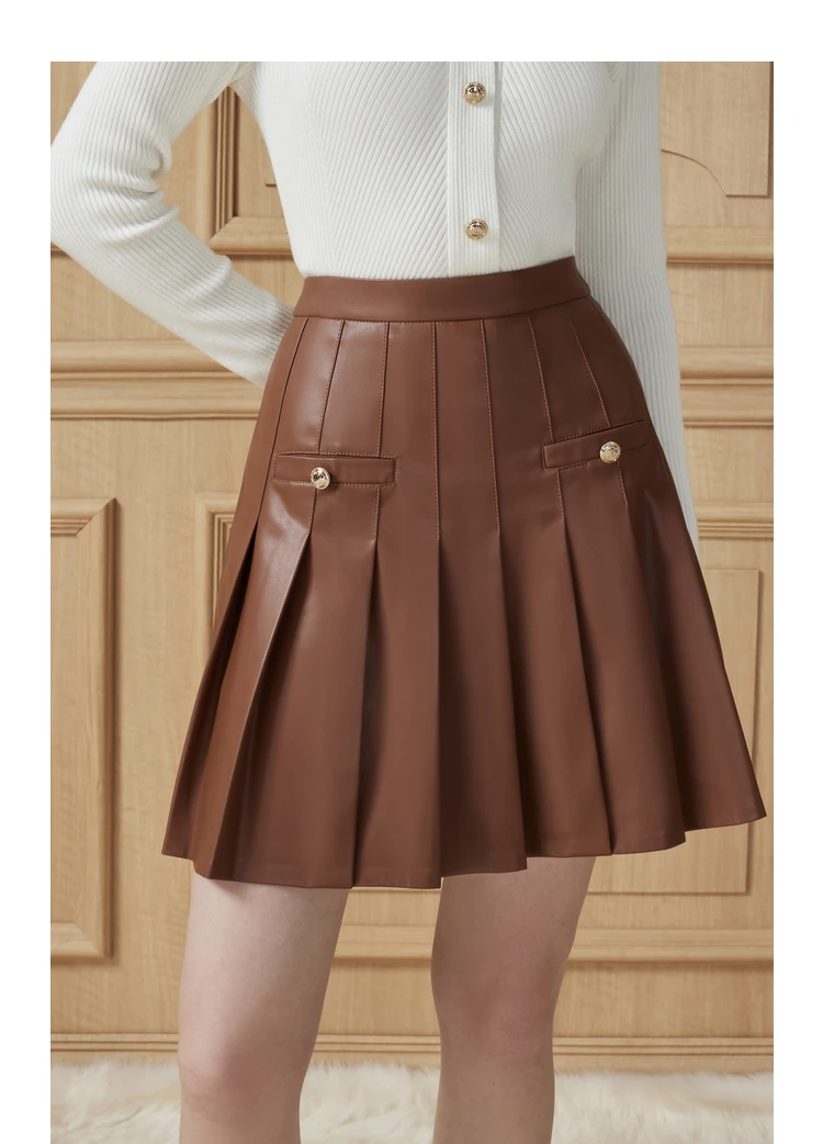 YRP002 Women Fashion Pleated Synthetic Leather Skirt High Quality Soft Artificial Leather Skirt