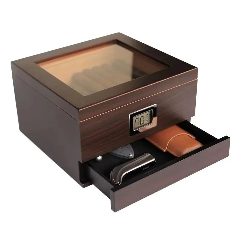 muxiang CASE ELEGANCE Glass Top humidor cigar box with Thick Cedar Easy humidification System Accurate Digital Hygrometer Brown