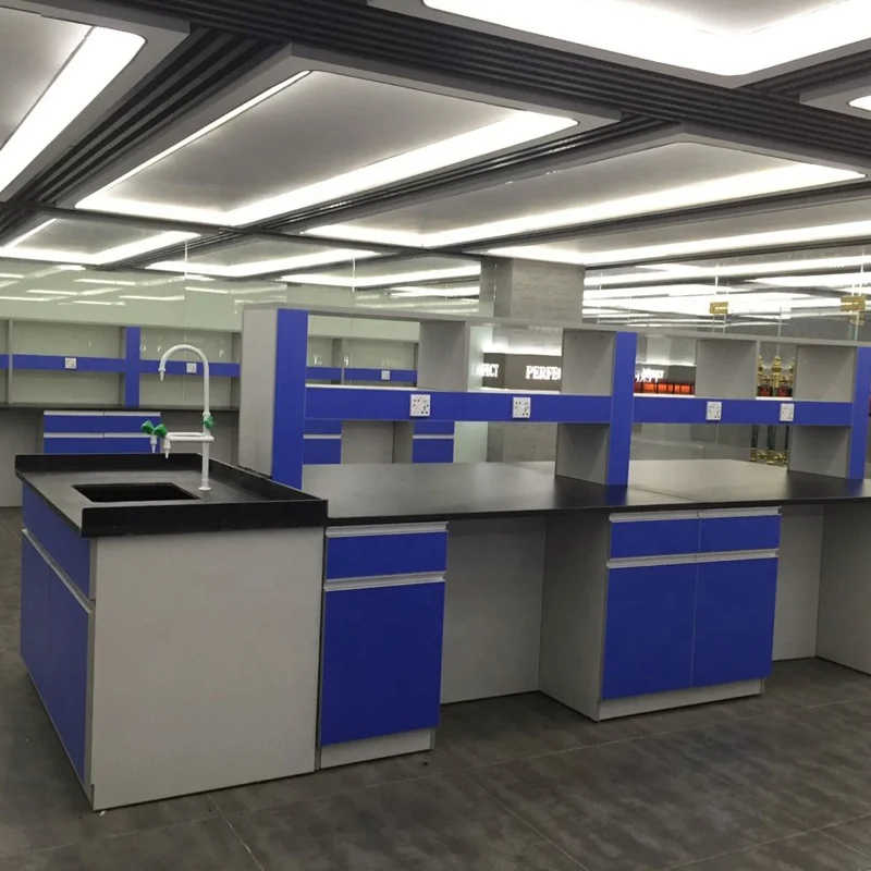 Modern Laboratory Wooden Island Bench Wooden Laboratory  Work Bench with Shelf on Top and PP Sink