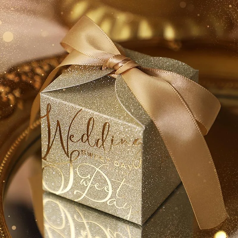 Custom Logo Gold Foil Wedding Candy Box Square Shape Chocolate Favors with Ribbon for Guests Made from Paper