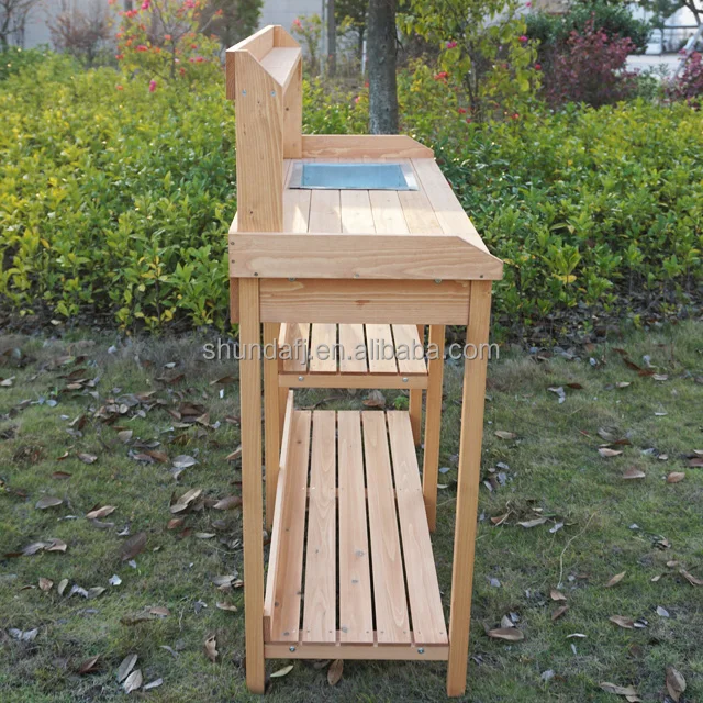 SDPB004 Products Mobile Garden Potting Bench Outdoor Wood Workstation Table Tabletop Storage Shelves