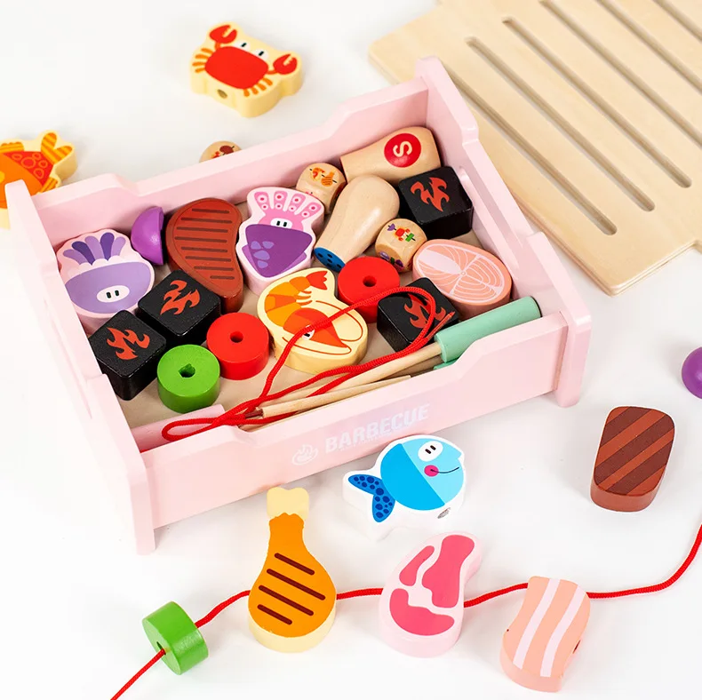 2023 Wooden Pretend Barbecue Grill Play Kitchen Set Cooking Gift for Girls and Boys