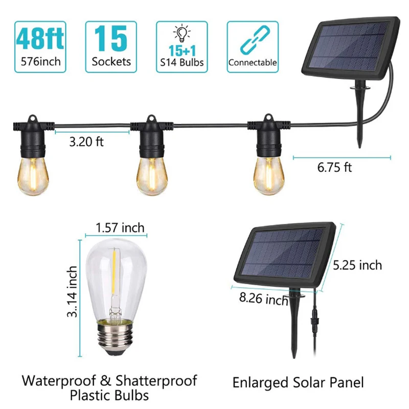 Outdoor Waterproof Patio Lights 48ft Solar Powered 15 Shatterproof S14 LED Bulbs Outdoor String Lights for Garden Backyard Yard