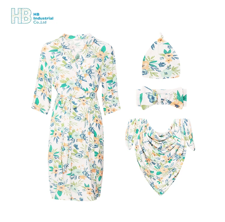 Mommy and Baby Maternity Robe and Matching Swaddles Bamboo Stretch Newborn Swaddle Wrap