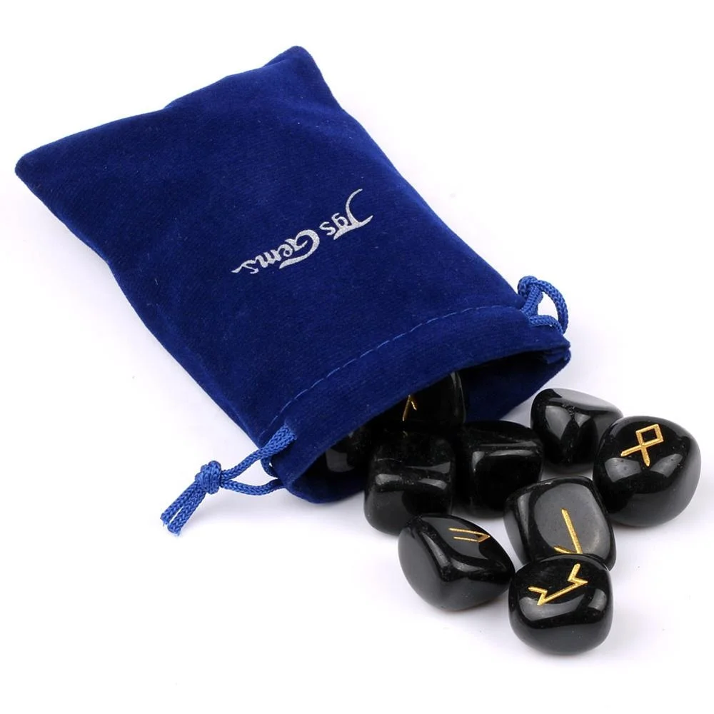 Natural Black Obsidian Stone Engraved Tumbled Stone Rune Set