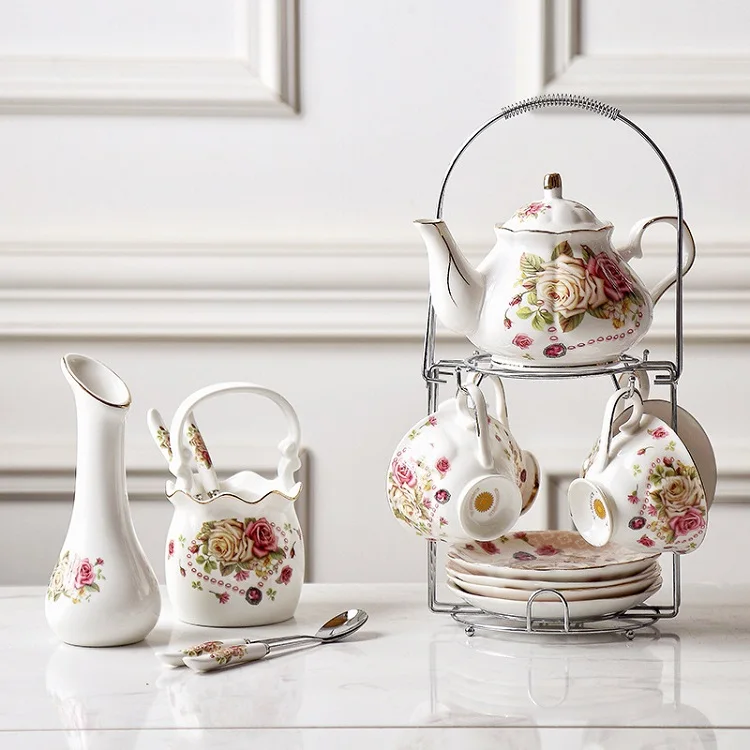 Funky Fairy Gold Trim European Send Vase Pink Flower Ceramic Coffee Tea Sets Cup Saucer Pot Gift Set With Sugar Bowl Shelf