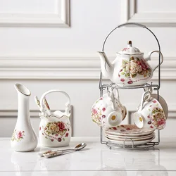 Funky Fairy Gold Trim European Send Vase Pink Flower Ceramic Coffee Tea Sets Cup Saucer Pot Gift Set With Sugar Bowl Shelf