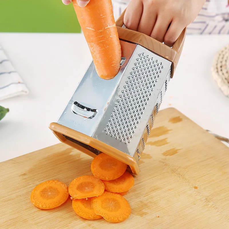 Wholesale Grain of wood Handle Stainless Steel Grater 6-Sides Non-Slip Cube Cheese Grater Vegetable For Kitchen