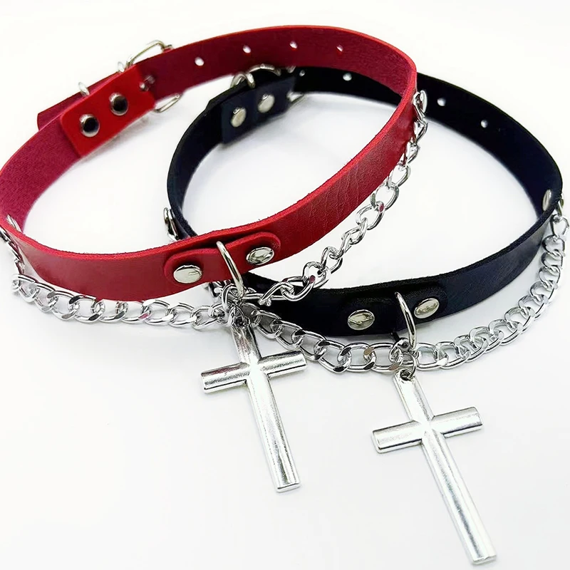 PU Leather Gothic Punk Cross Pendant Chain Collarbone Band Chain Chocker Necklace Spicy Girl Cross Charm Necklace Jewelry Collar