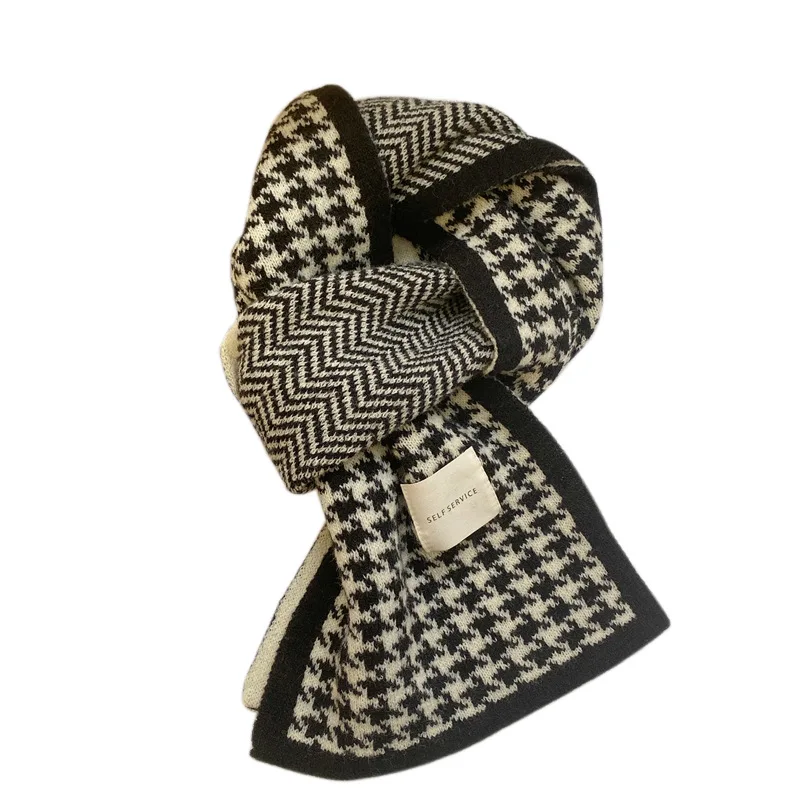 Stylish Pattern Winter Custom Patch Logo Knitted Warm Scarf Double-side Houndstooth Designer For Women