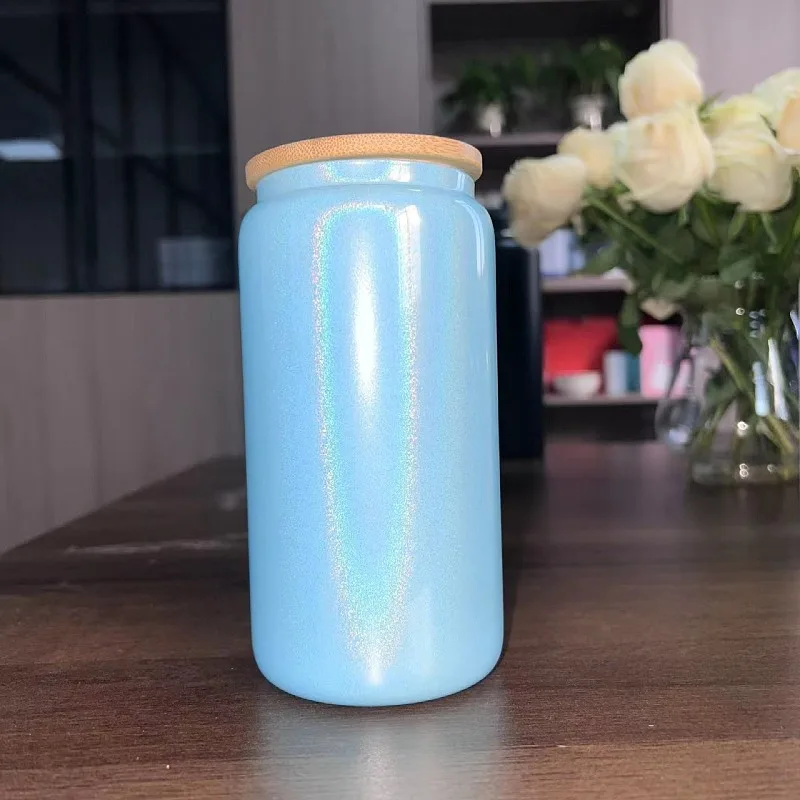Burst 16oz holographic Shimmer glass jar High borosilicate high temperature glass Rainbow paint thermal sublimation straw glass