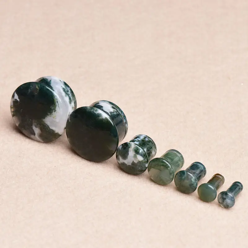 Wholesale Best Quality Beautiful natural stone moss agate single flare plug with groove Body Jewelry Ear Plugs Earplugs Piercing
